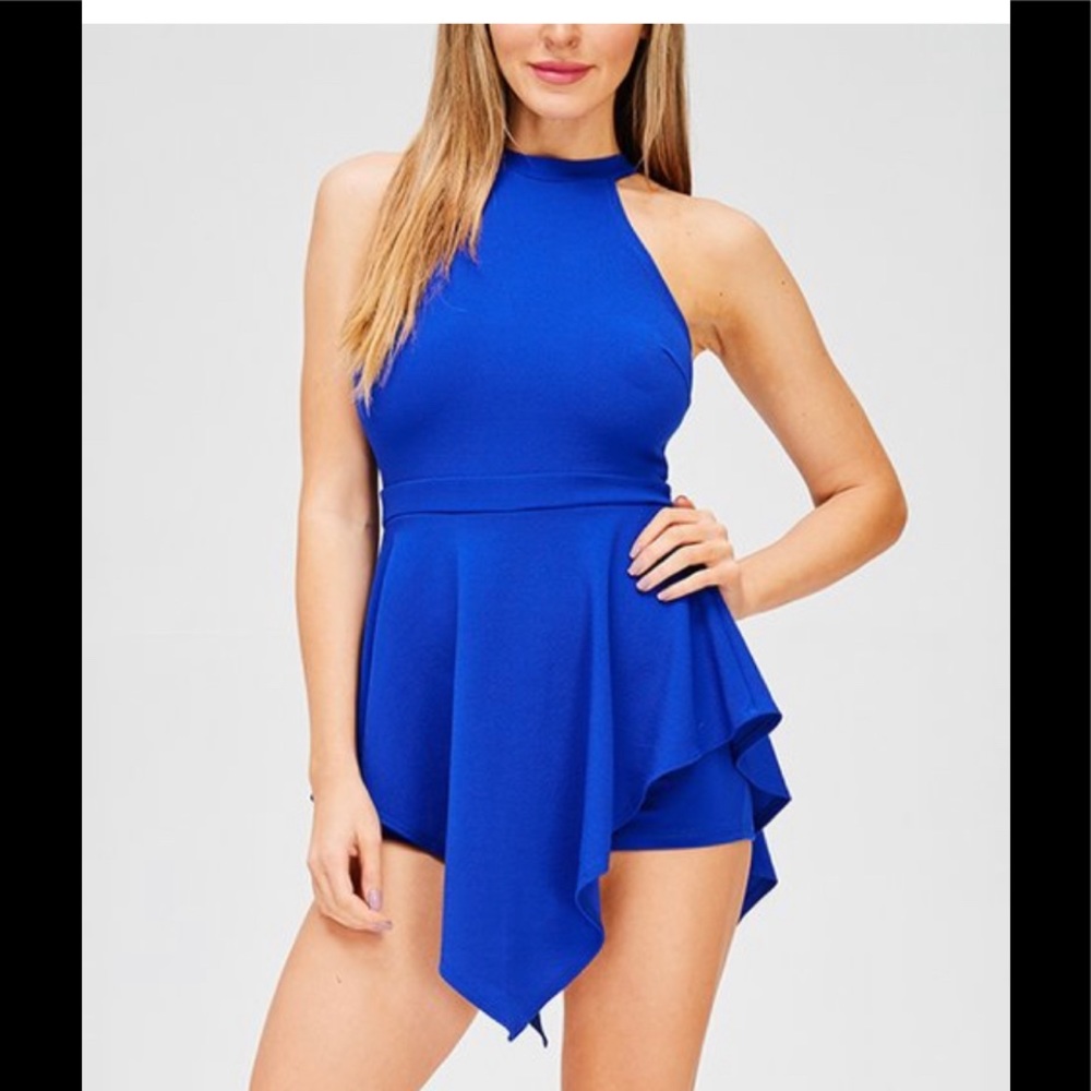 Royal Blue Ruffle-Skirt Cutout Romper